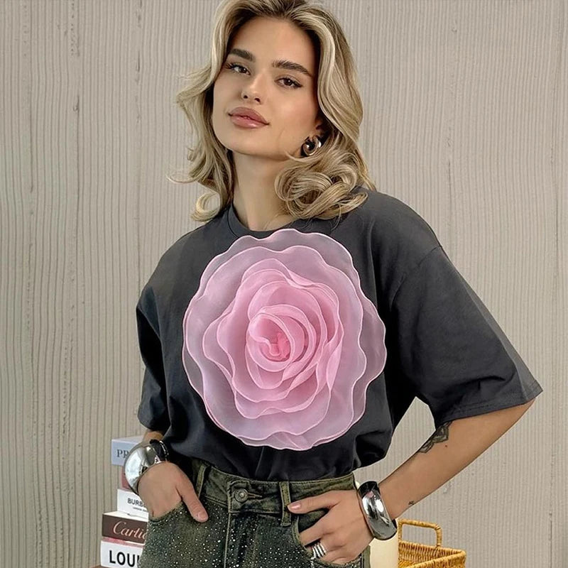 Women's 3D Beaded Flowers T-Shirt
