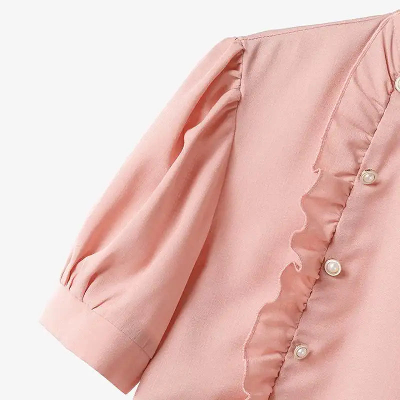 Women 2PCS Dress Sets Short Sleeve Suit Vintage Ruffled Buttons And Long Skirt Sets