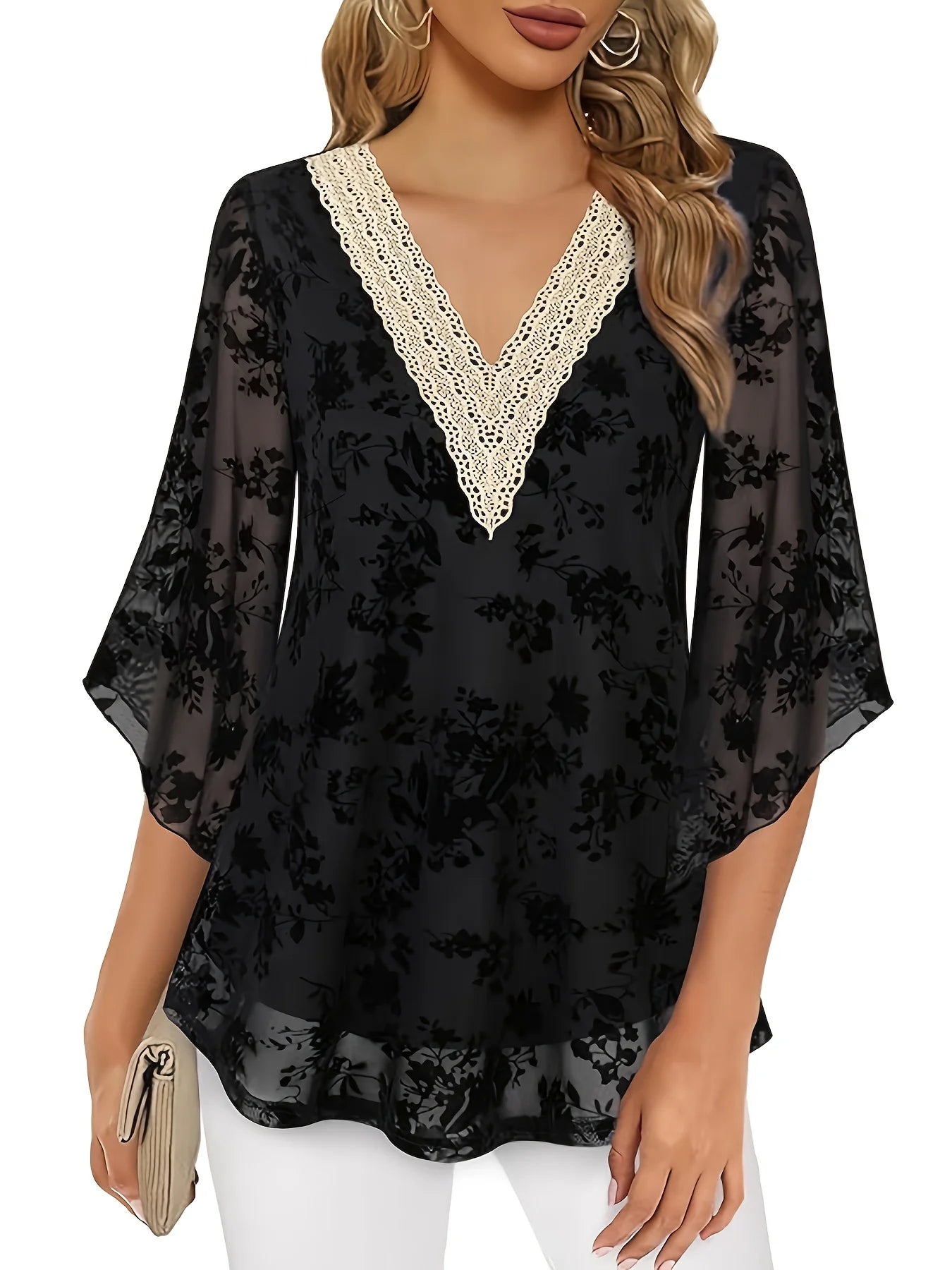 Print Top Plus Size Floral V Neck 3/4 Sleeve