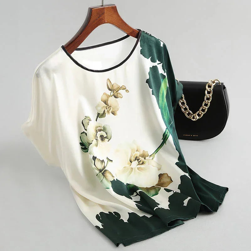Women Plus Size Silk Floral Printing Shirt Tops