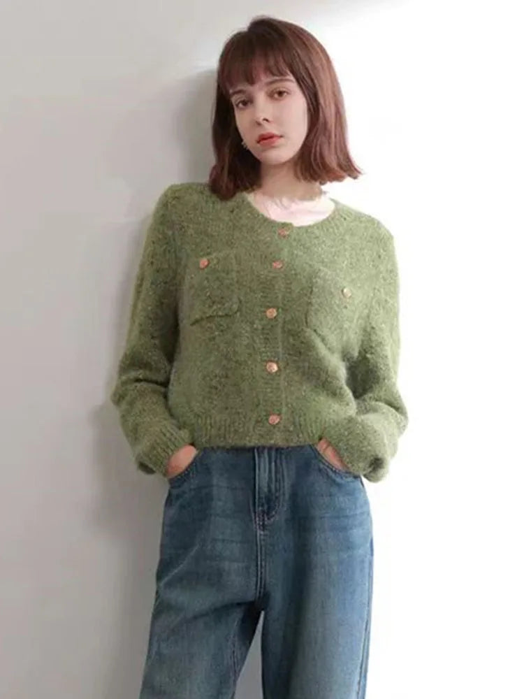 Women Sweet Cardigan Sweaters Vintage Long Sleeve O Neck Design
