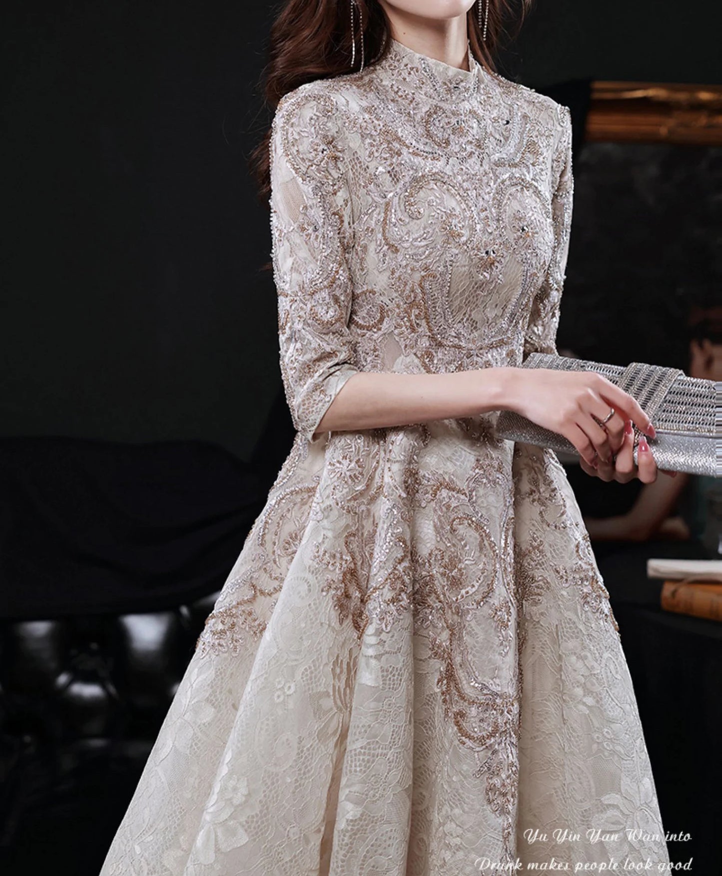 High Neck A-Line Long Wedding Celebrity Luxury Champagne Prom Dresses Half Sleeves