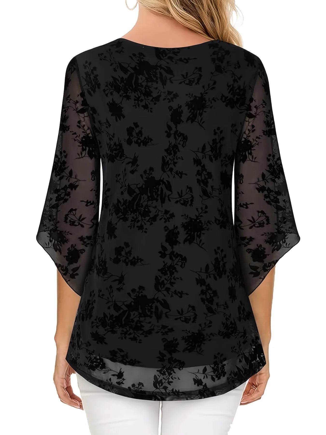 Print Top Plus Size Floral V Neck 3/4 Sleeve