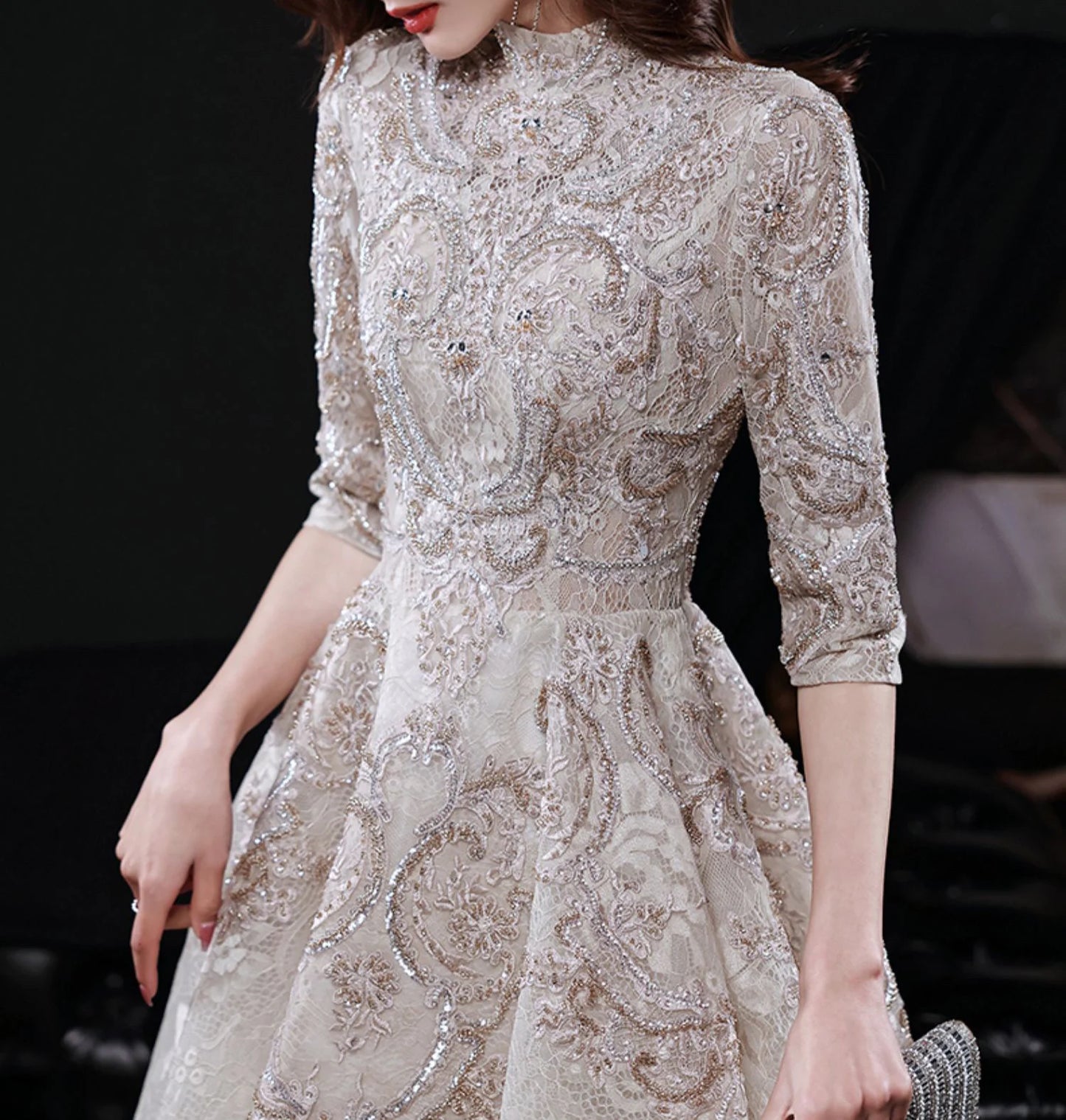 High Neck A-Line Long Wedding Celebrity Luxury Champagne Prom Dresses Half Sleeves