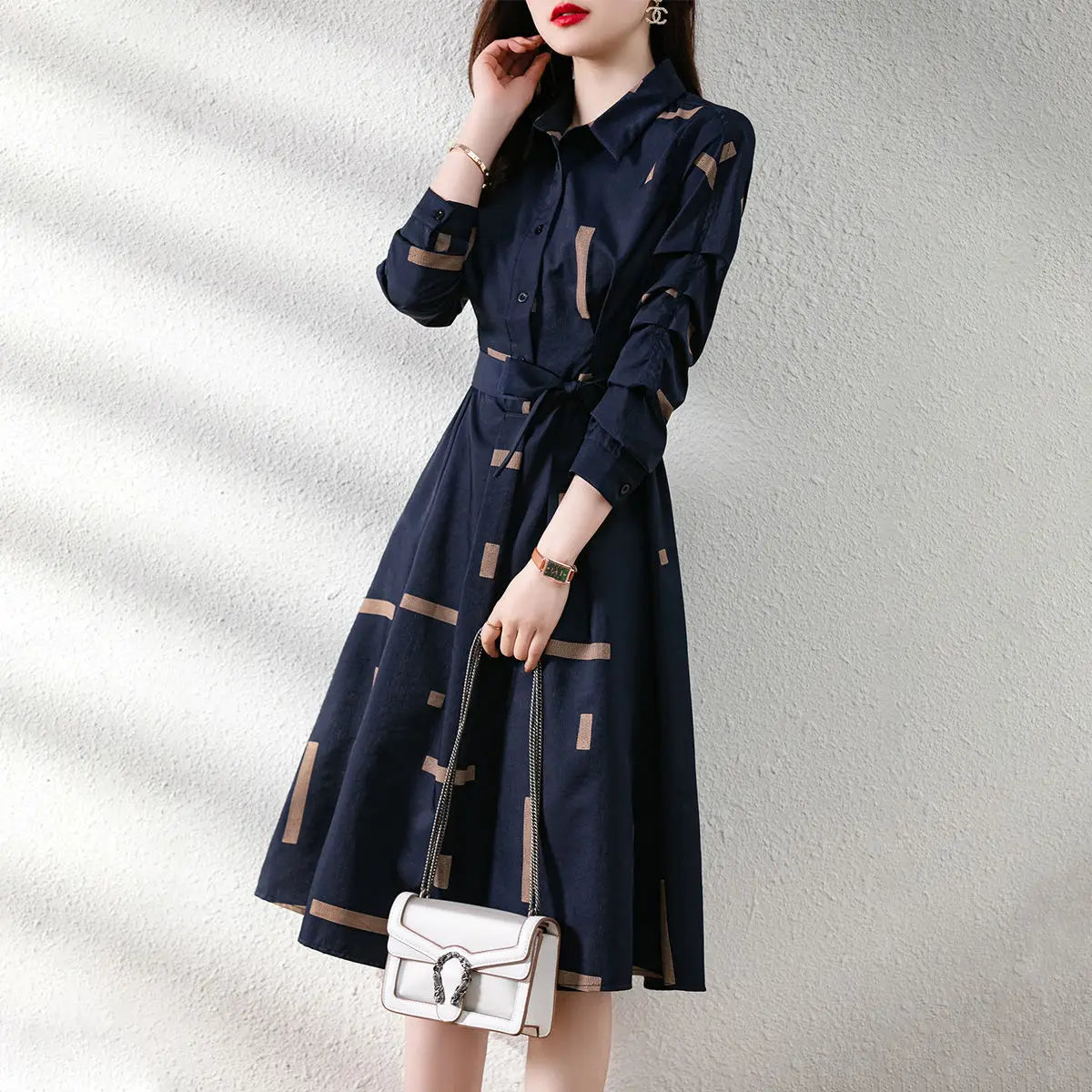 Printed Belt Dresses Spring Long Sleeve Polo-neck