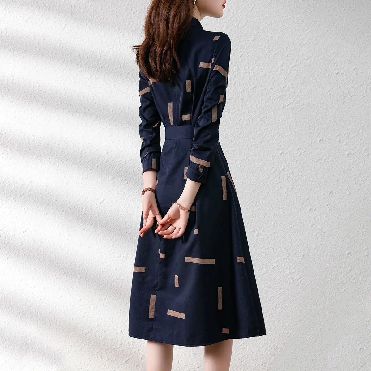 Printed Belt Dresses Spring Long Sleeve Polo-neck