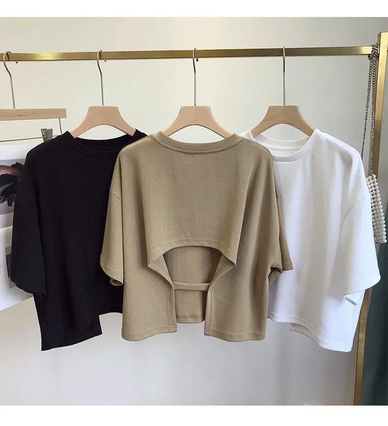 Sexy Backless Short O-Neck Casual Solid Color T-Shirt Short Sleeve