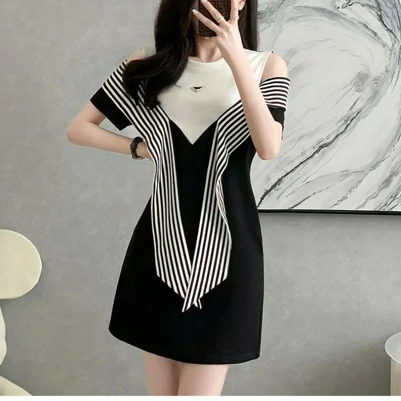 French Style Two Off Shoulder Round Neck T-shirt Dress