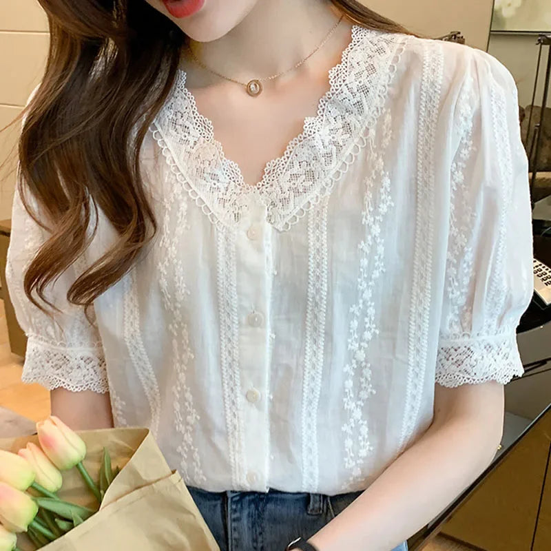 Women's Short Sleeve White Shirt V-Neck