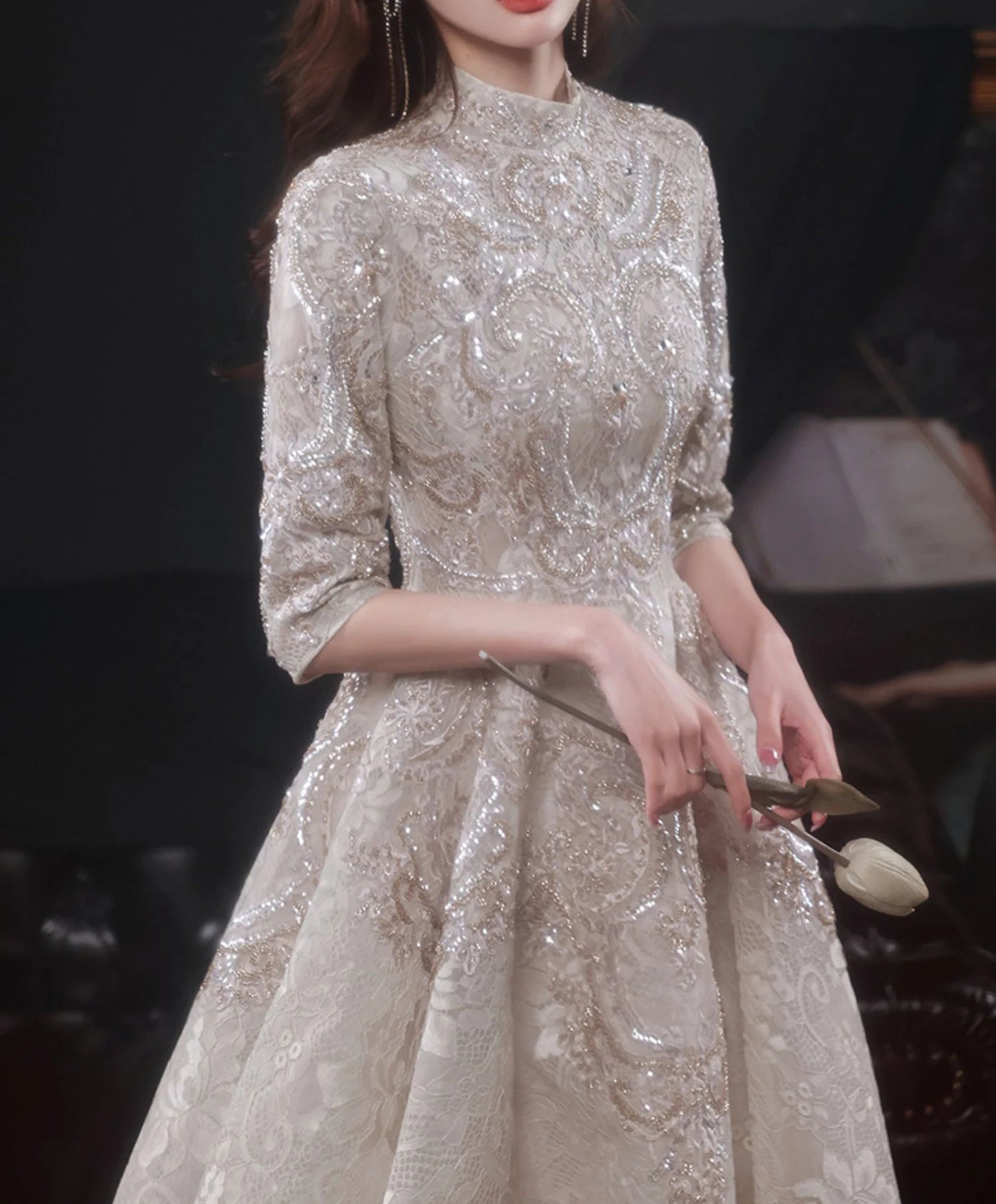 High Neck A-Line Long Wedding Celebrity Luxury Champagne Prom Dresses Half Sleeves