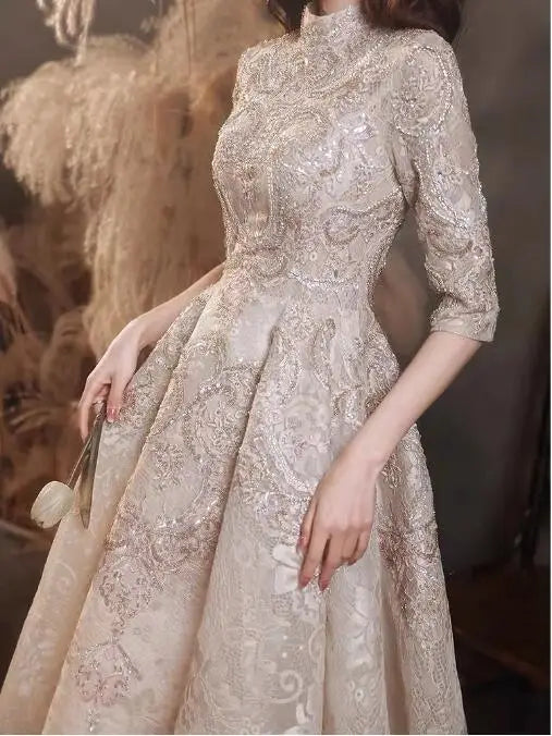 High Neck A-Line Long Wedding Celebrity Luxury Champagne Prom Dresses Half Sleeves