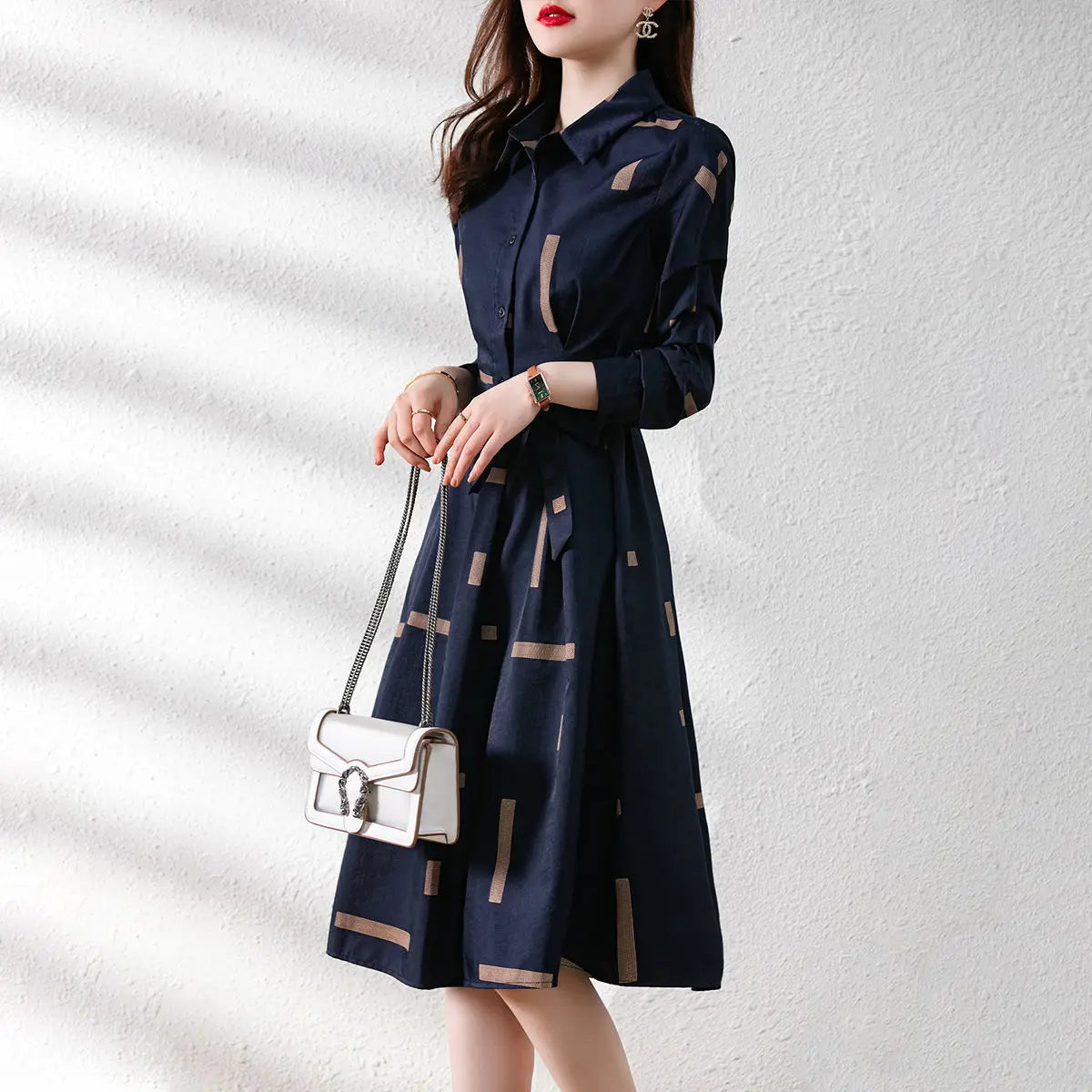 Printed Belt Dresses Spring Long Sleeve Polo-neck