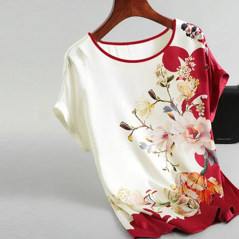 Women Plus Size Silk Floral Printing Shirt Tops