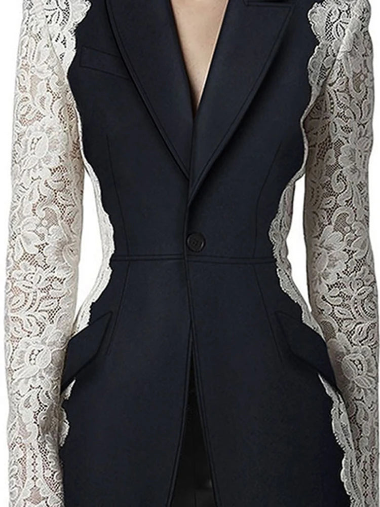 New Blazer Fashion Notched Lace Patchwork Long Sleeve Contrast Suit