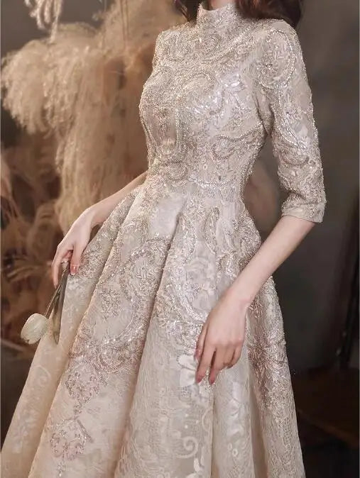 High Neck A-Line Long Wedding Celebrity Luxury Champagne Prom Dresses Half Sleeves