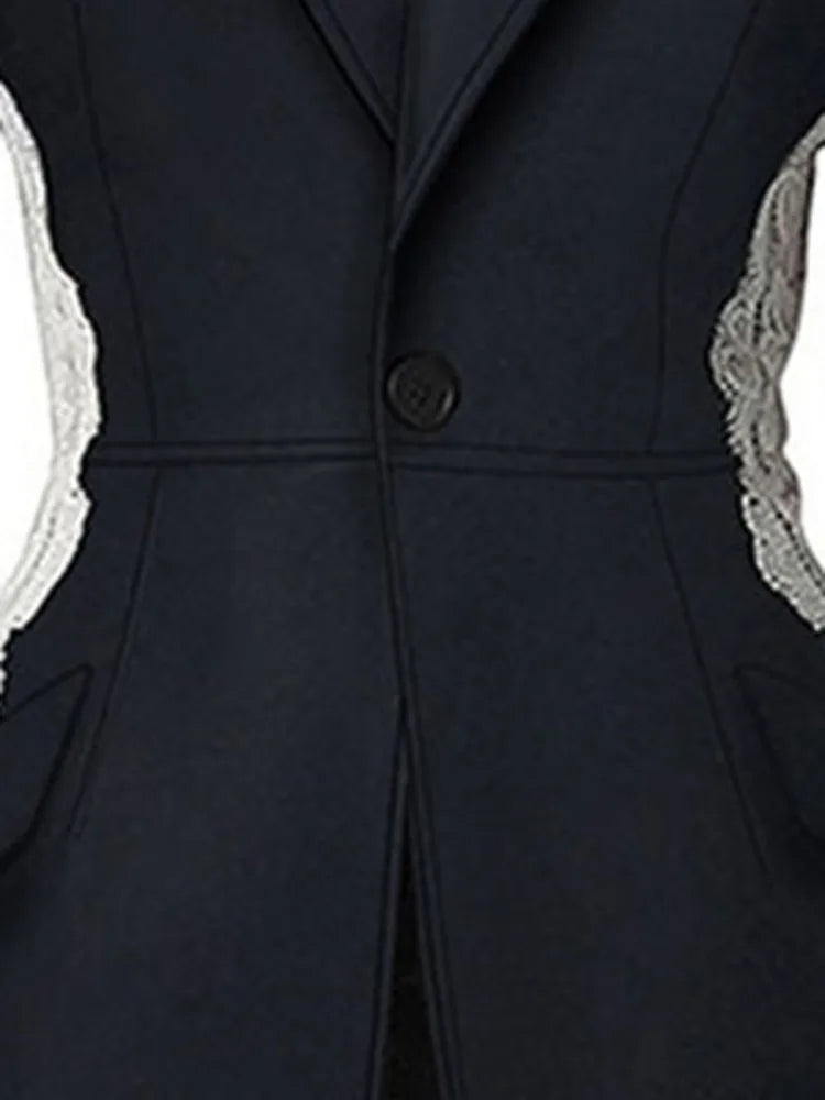 New Blazer Fashion Notched Lace Patchwork Long Sleeve Contrast Suit