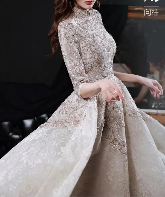 High Neck A-Line Long Wedding Celebrity Luxury Champagne Prom Dresses Half Sleeves