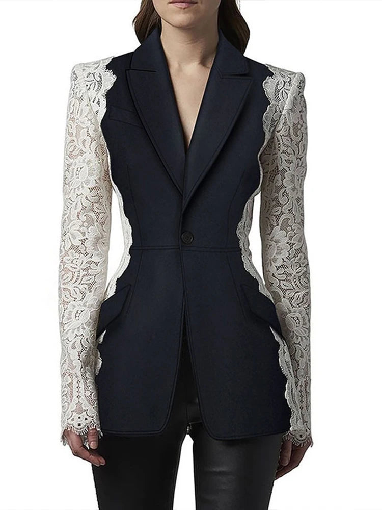 New Blazer Fashion Notched Lace Patchwork Long Sleeve Contrast Suit