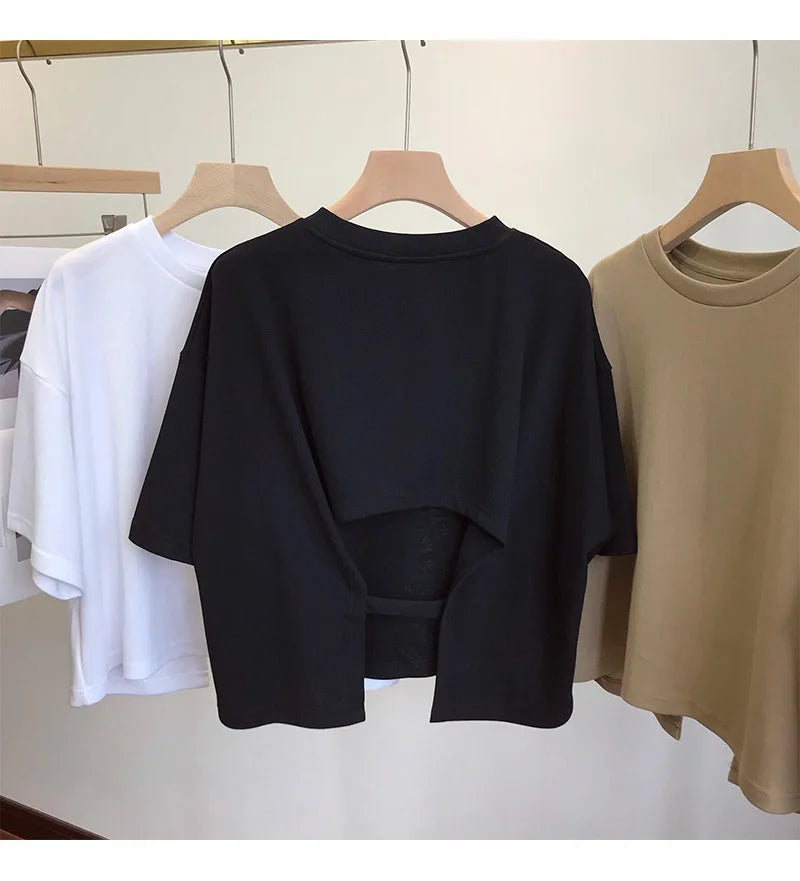 Sexy Backless Short O-Neck Casual Solid Color T-Shirt Short Sleeve