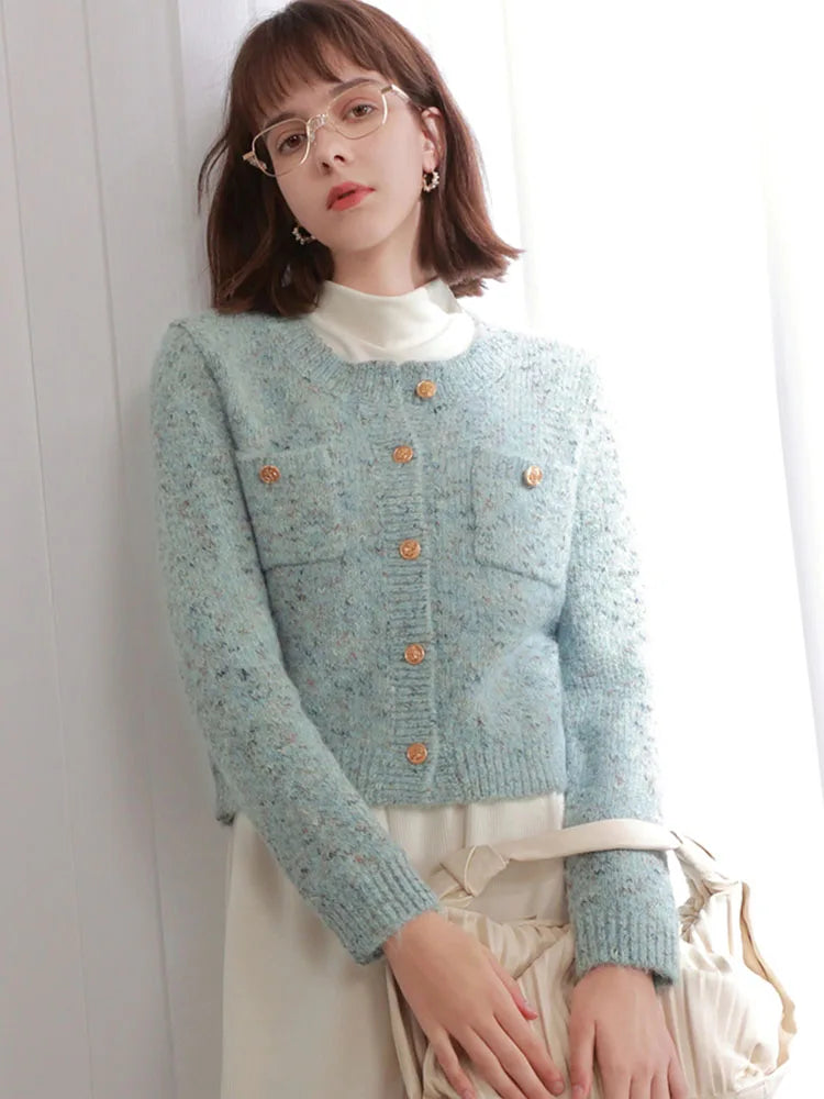 Women Sweet Cardigan Sweaters Vintage Long Sleeve O Neck Design