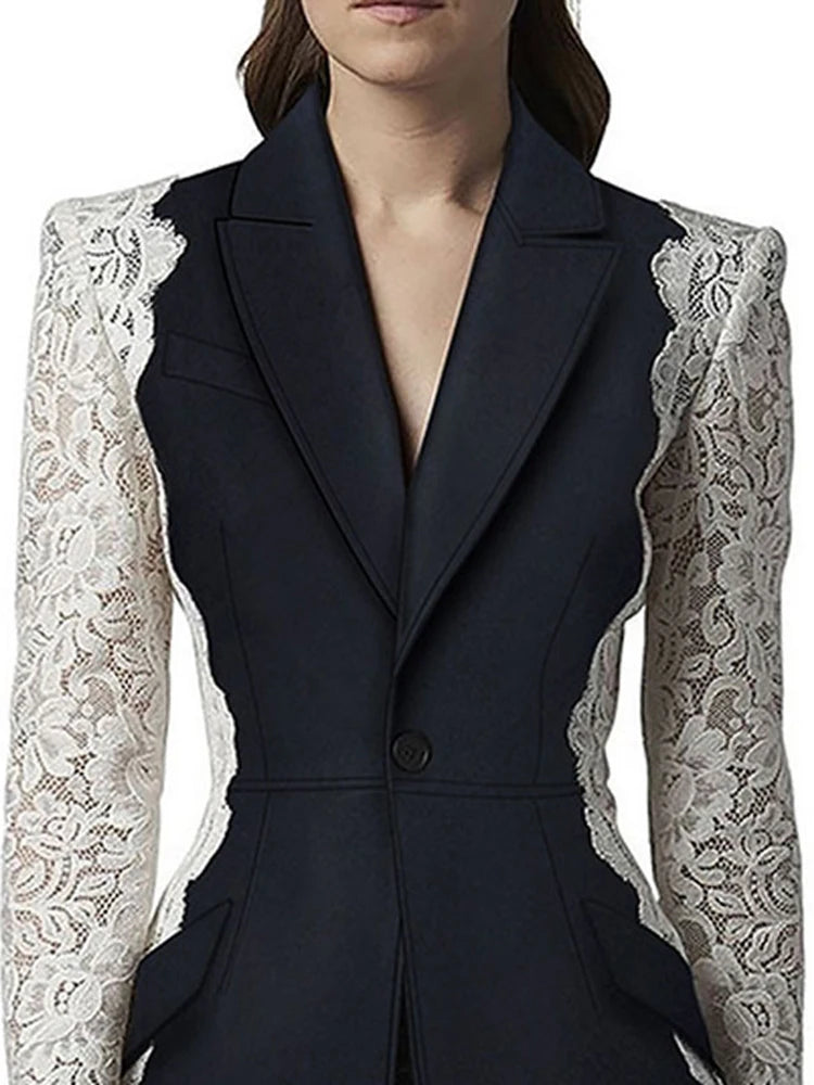 New Blazer Fashion Notched Lace Patchwork Long Sleeve Contrast Suit