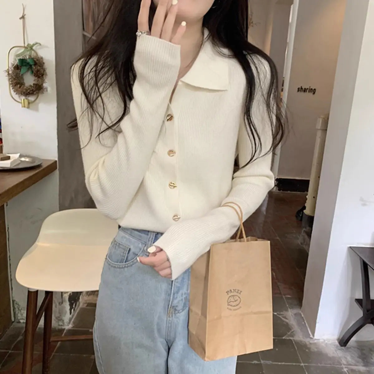 Women Clothing Autumn Elegant Fashion Turn-down Collar Long Sleeve Sweater