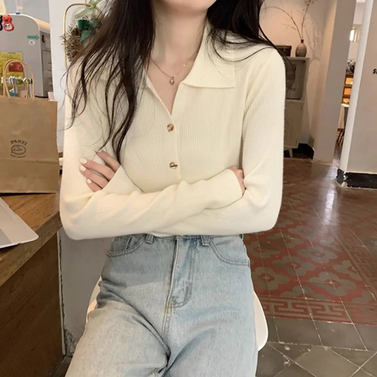 Women Clothing Autumn Elegant Fashion Turn-down Collar Long Sleeve Sweater