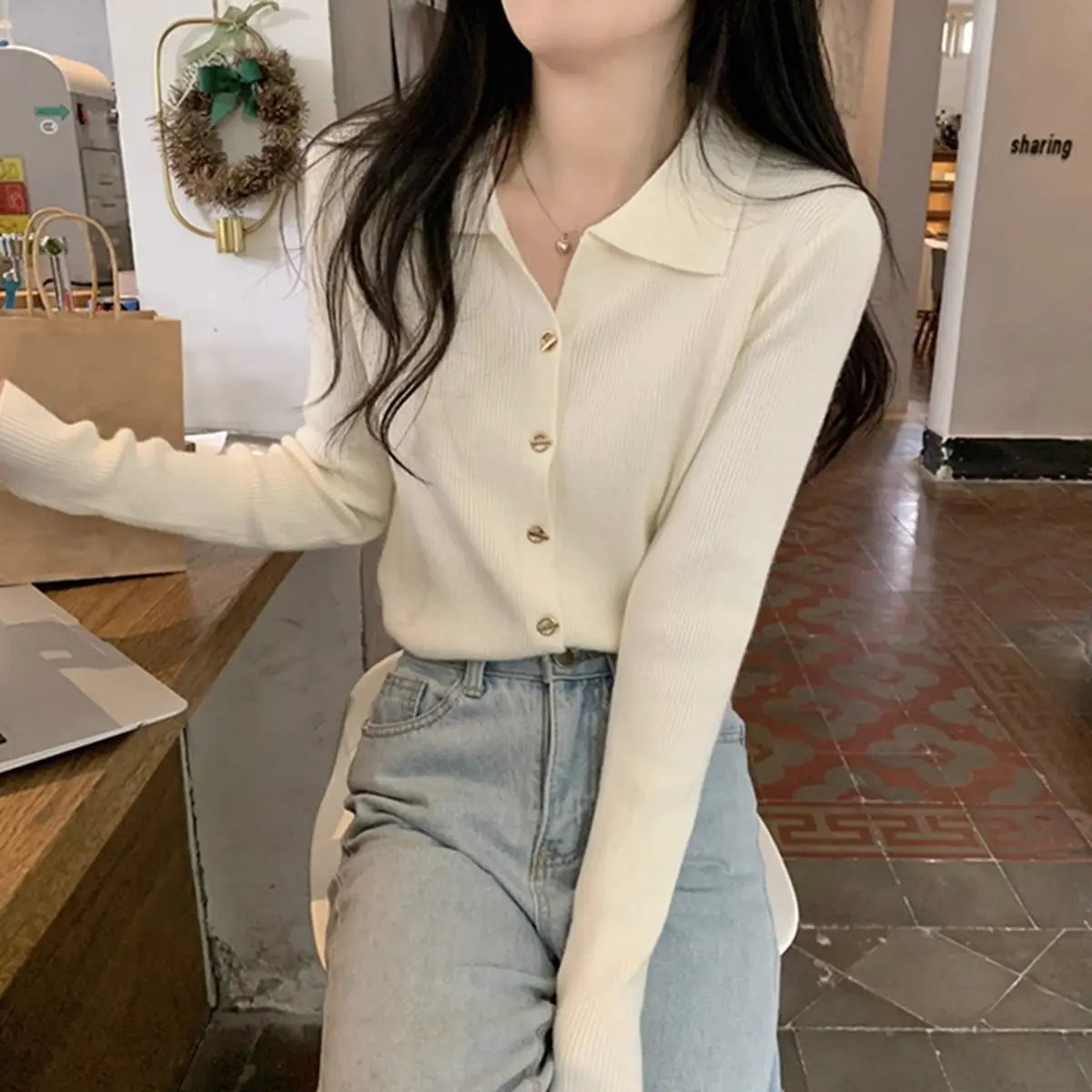 Women Clothing Autumn Elegant Fashion Turn-down Collar Long Sleeve Sweater