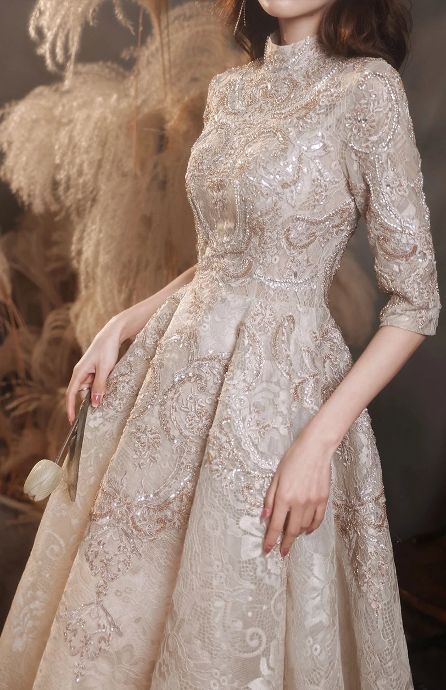 High Neck A-Line Long Wedding Celebrity Luxury Champagne Prom Dresses Half Sleeves