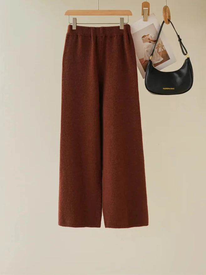 Solid Split Cashmere Suits Women V Neck Pocket Design 2pcs Set