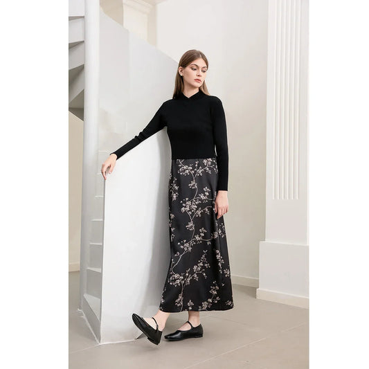 Women Autumn New Floral Printing Satin Dress