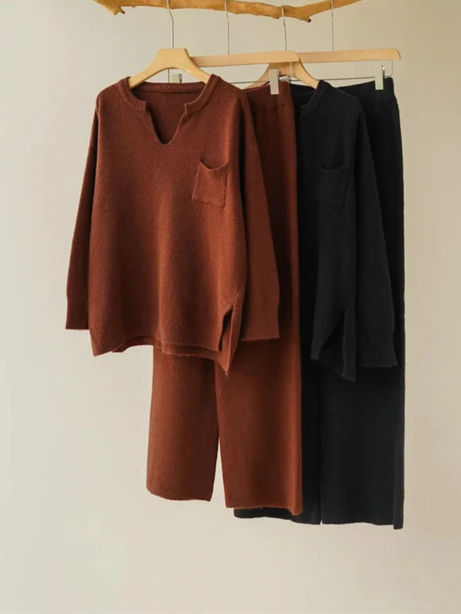 Solid Split Cashmere Suits Women V Neck Pocket Design 2pcs Set