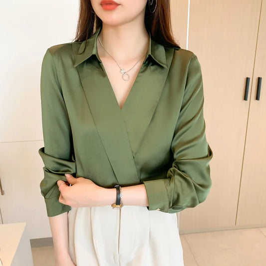 Spring Fashion Solid V-neck Chiffon Shirt Top