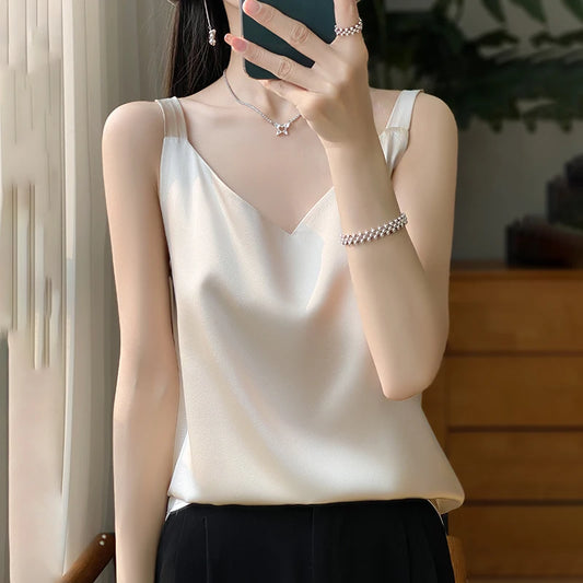 Spring Top New Mulberry Silk V-Neck Wide Shoulder Fashion