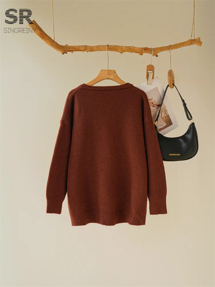 Solid Split Cashmere Suits Women V Neck Pocket Design 2pcs Set