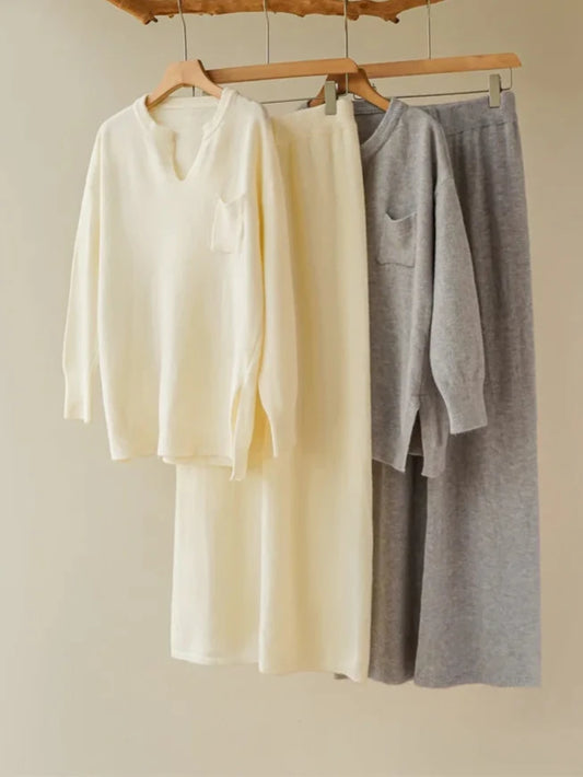 Solid Split Cashmere Suits Women V Neck Pocket Design 2pcs Set