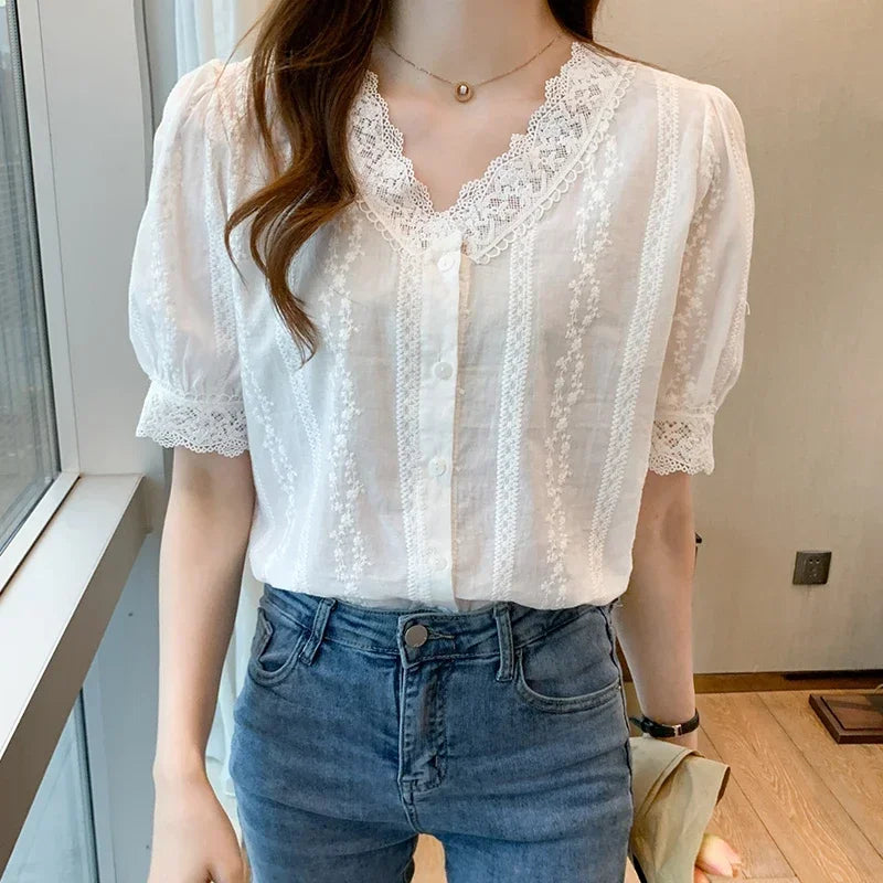 Women's Short Sleeve White Shirt V-Neck